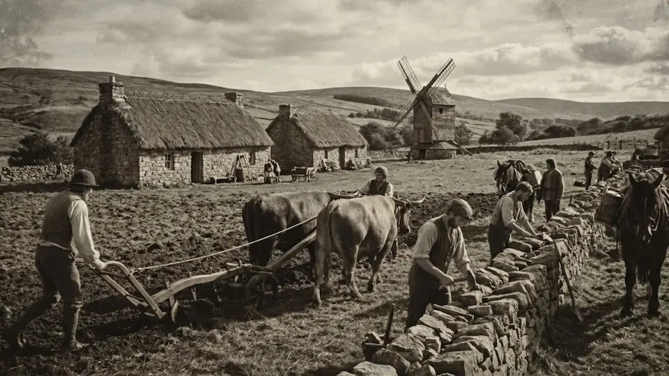 epoca-pre-industria-hombre-trabajando-tierra-campo-animales